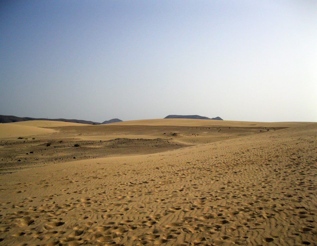 Dunas de areia clara no Parque Natural das Dunas de Corralejo, com o mar ao fundo
